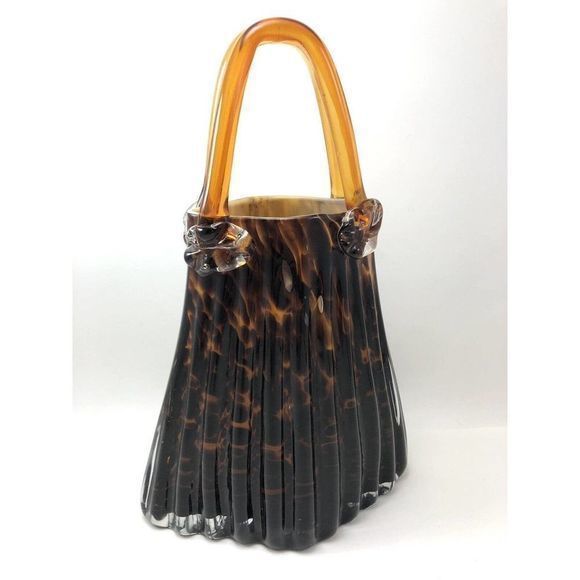 Block Crystal Purse Vase Art Glass Julia‎ Handbag Mouth Blown Leopard Tortoise - Picture 1 of 12